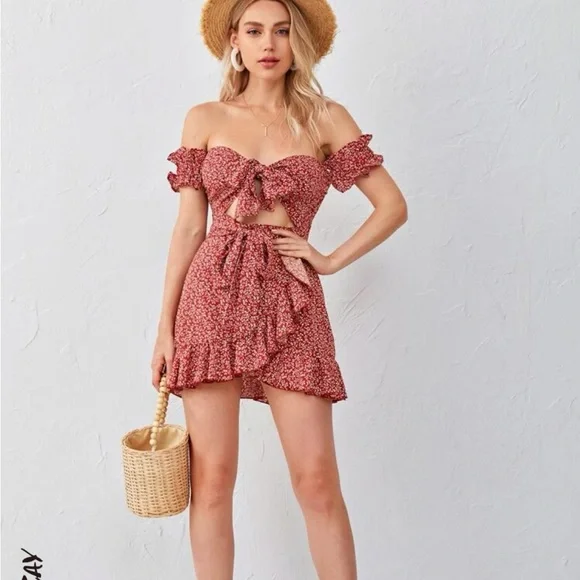 Shein Dresses | Tie Front Cutout Detail Shirred Back Bardot Dress | Color: Red/White | Size: S | Laposhbelle's Closet